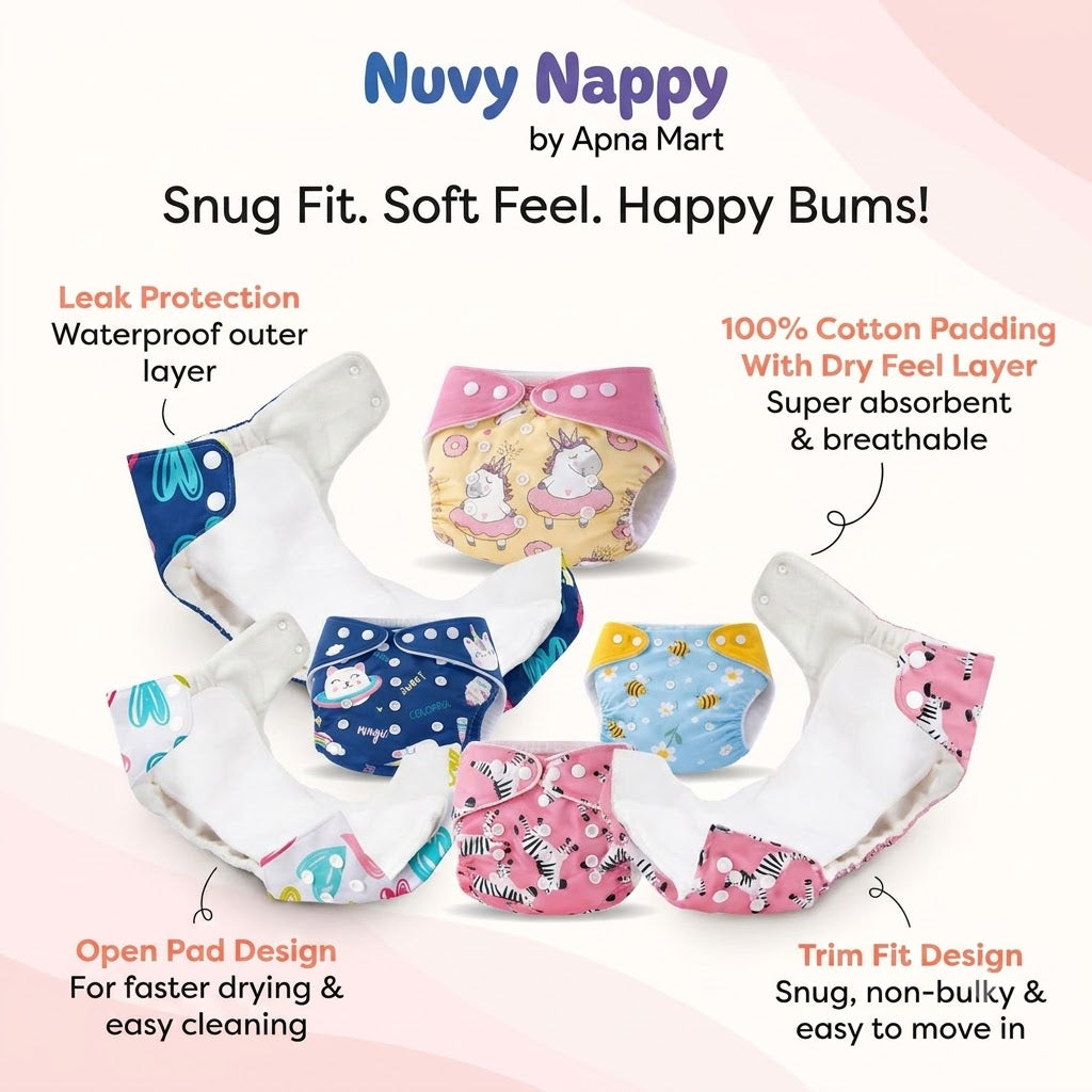 NUVY NAPPY™ — Leakage-proof cloth diapers for babies, high absorbent 2 reusable diaper, 2 insert pad combo pack washable cloth diaper