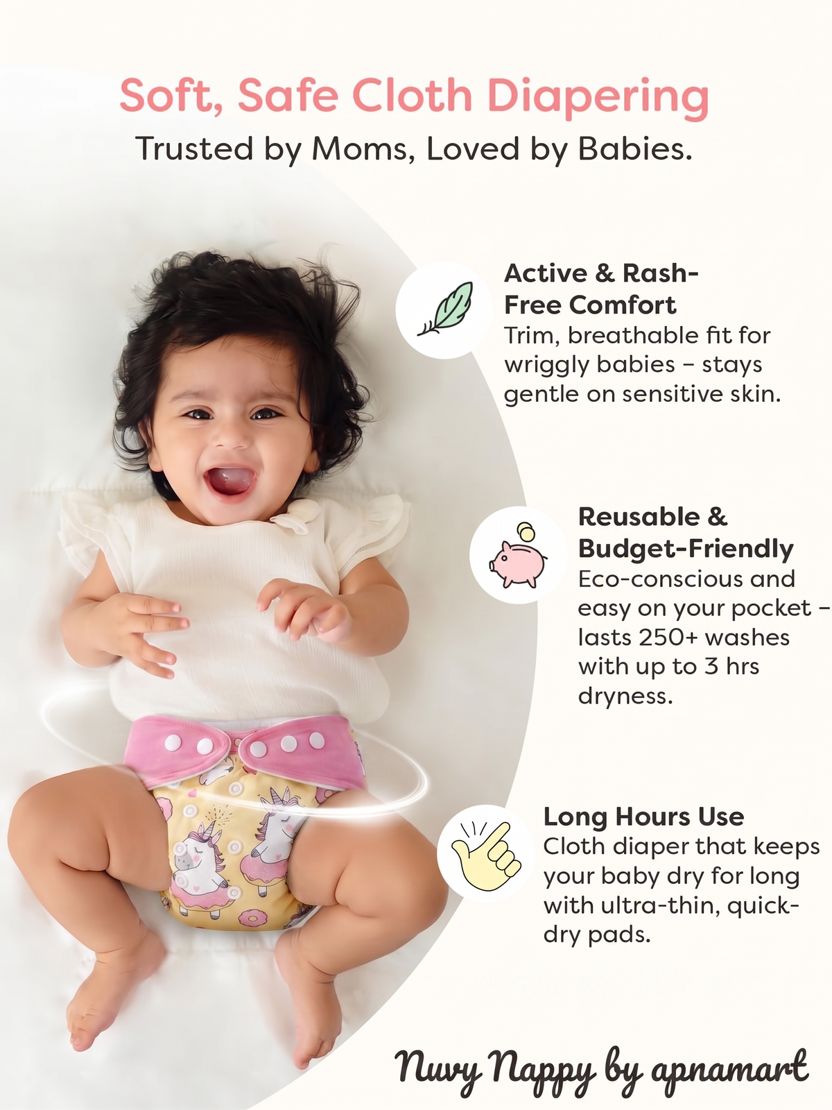 NUVY NAPPY™ — Leakage-proof cloth diapers for babies, high absorbent 2 reusable diaper, 2 insert pad combo pack washable cloth diaper