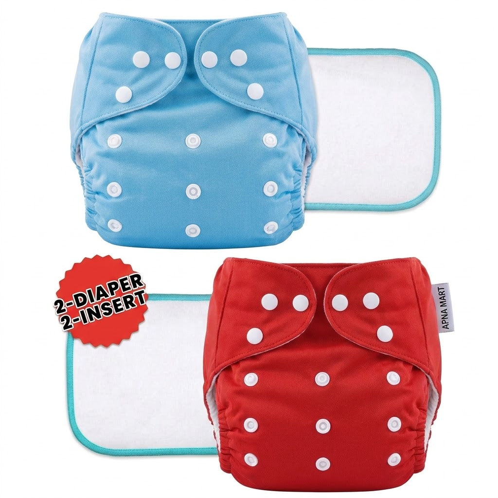 NUVY NAPPY™ — Leakage-proof cloth diapers for babies, high absorbent 2 reusable diaper, 2 insert pad combo pack washable cloth diaper